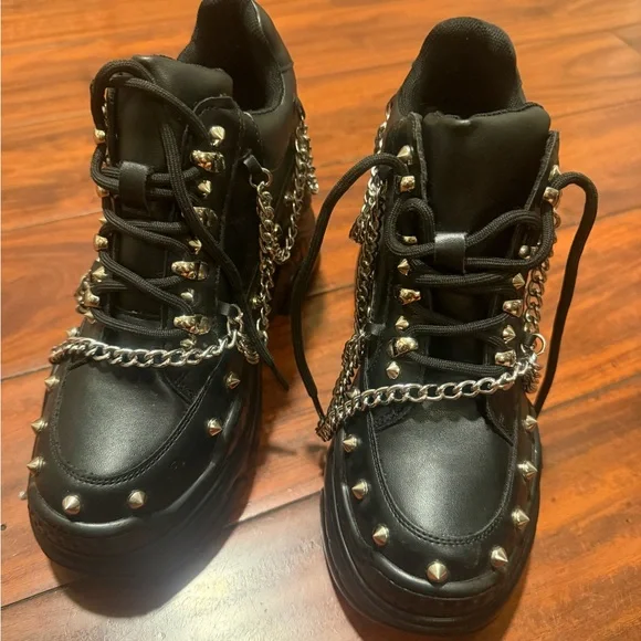 Antony wang Chunky Black Platform Sneakers with Silver Chain & Stud Details - Picture 13 of 15